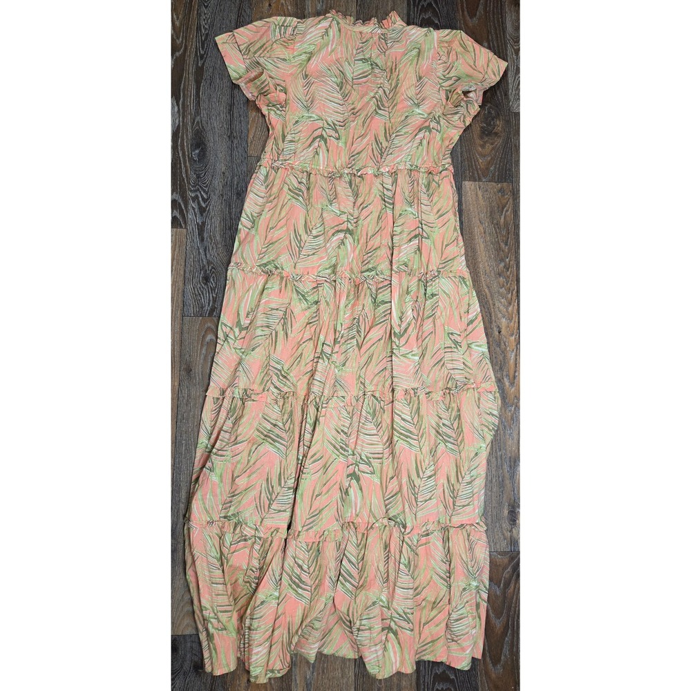 Crown & Ivy Womens XL Coral Palm Tiered Maxi Dress Ruffle Neck Short Sleeve NWT - Picture 6 of 6